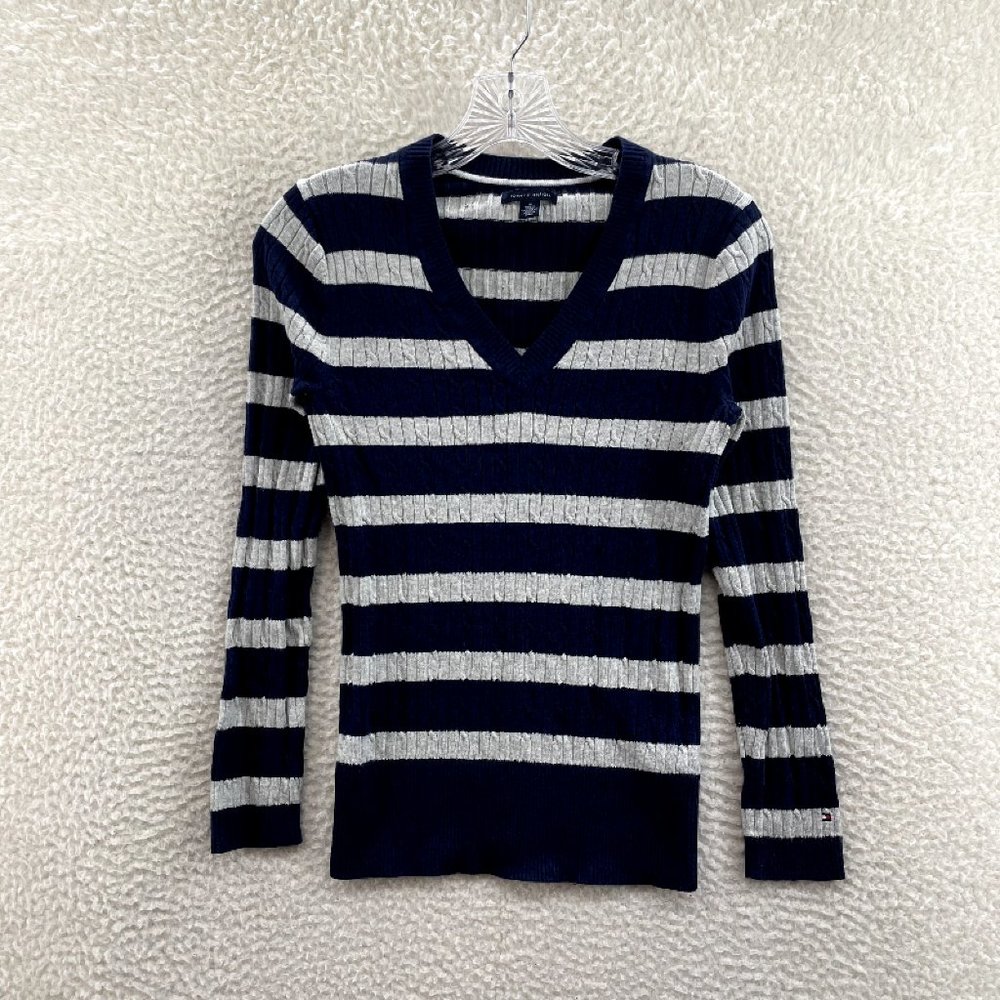 Tommy Hilfiger Navy Blue Grey Striped Cable Knit V-Neck Sweater Womens M Medium - Picture 1 of 9